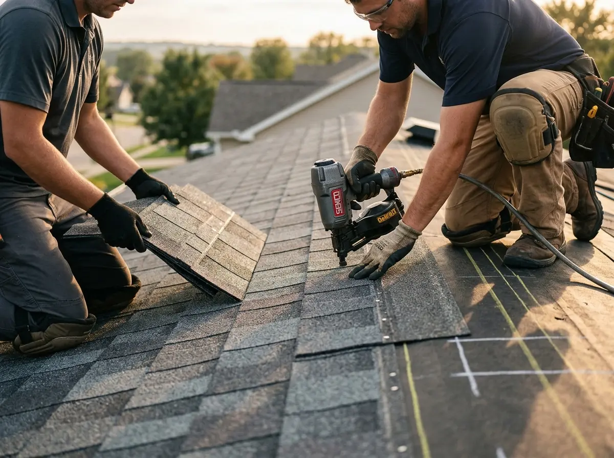 Professional roofer working on a residential roof in Montclair